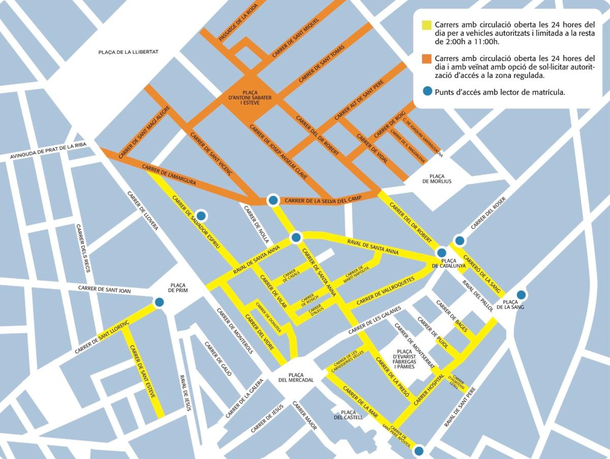 Carrers i punts d'accés amb lector de matrícula Mapa de la mobilitat de la zona regulada amb pilones