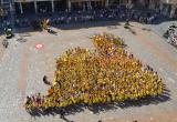Imatge del mosaic amb la forma de l'Àliga de Reus que han creat els escolars de la ciutat al Mercadal