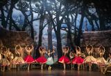 Fotografía de l'espectacle Giselle del primer acte amb Anna Ishii, ballarina principal, com a Giselle i el cos de ball. Foto 