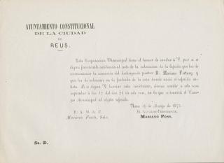 Invitació a l'homenatge que es va fer a Reus a Fortuny el 1875.