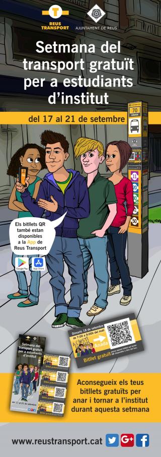 Cartell de la darrera promoció de Reus Transport amb codis QR entre els estudiants de secundària
