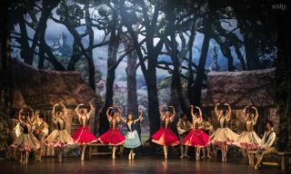 Fotografía de l'espectacle Giselle del primer acte amb Anna Ishii, ballarina principal, com a Giselle i el cos de ball. Foto d'Alba Muriel.