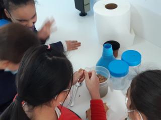 Nens i nenes participant en un taller al laboratori de l'ETAP d'Aigües de Reus