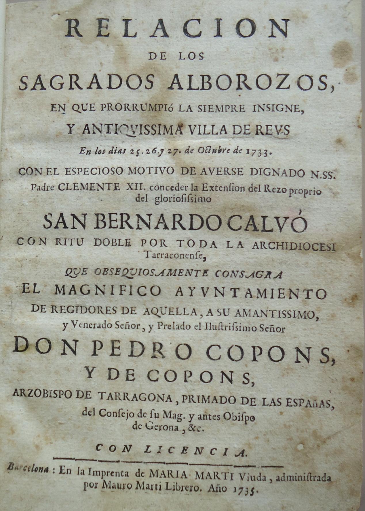 La solemnitat de 1733 en honor a Sant Bernat Calbó