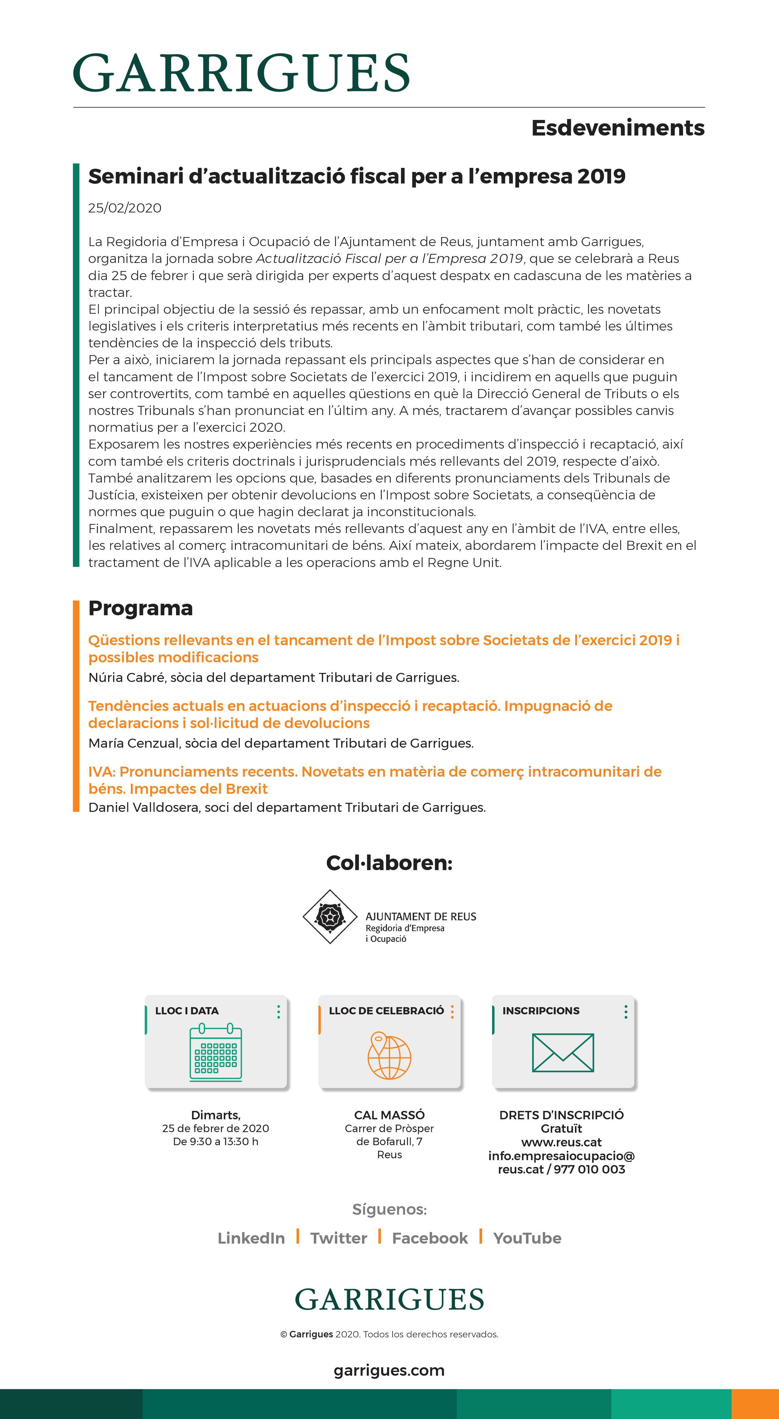 Seminari d’actualització fiscal per a l’empresa 2019