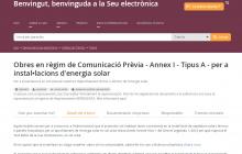 Captura de pantalla del tràmit telemàtic per sol·licitar obres per a instal·lacions d'energia solar