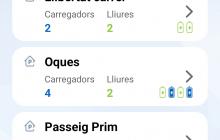 Captura de pantala de l'app Aparcar amb l'ocupació dels carregadors per a vehicles elètrics